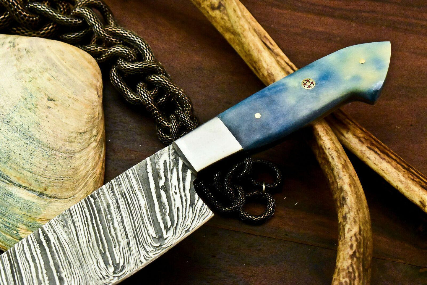 Custom HandMade Damascus Steel Chef Knife, Full Tang, 7.5-Inch Blade, 12.5-Inch Overall, Stained Camel Bone Handle, Oil-Tempered 58-60 HRC, Handcrafted
