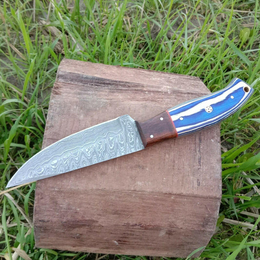 Damascus Steel Hunting Chef Knife – Pakka Wood Handle, Full Tang, Leather Sheath
