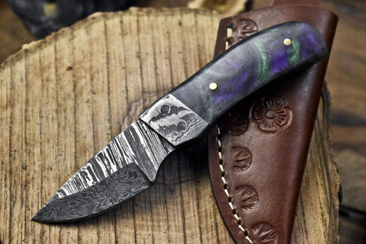 Miniature Twist Damascus Skinner Knife with Corain Handle for Outdoor Use