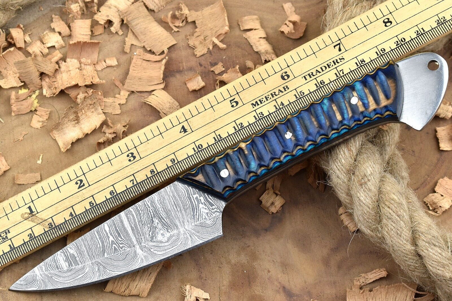 Custom Handmade Forged Damascus Steel Kitchen Chef Knife – Blue & Brown Dollar Sheet Handle