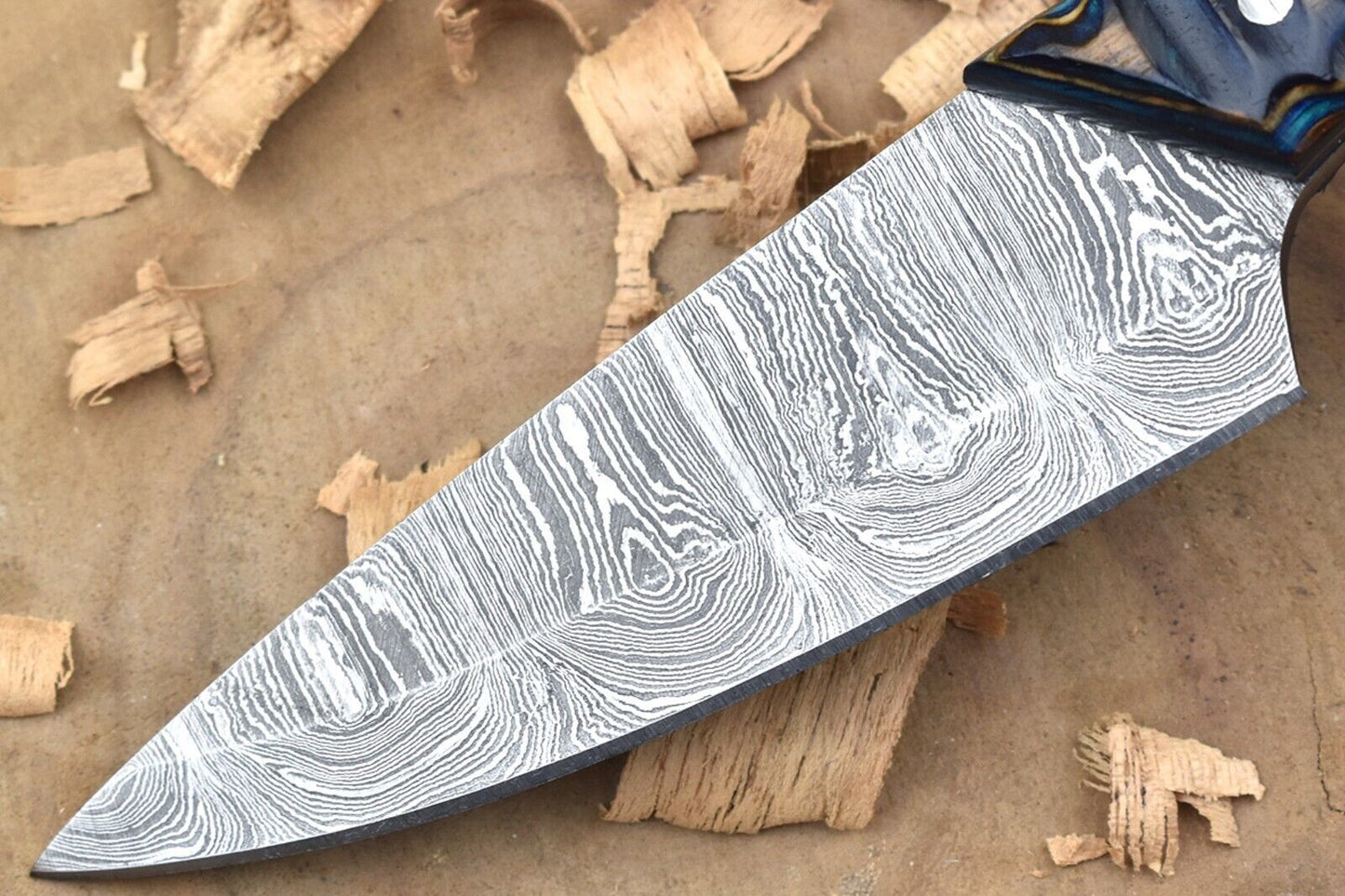 Custom Handmade Forged Damascus Steel Kitchen Chef Knife – Blue & Brown Dollar Sheet Handle