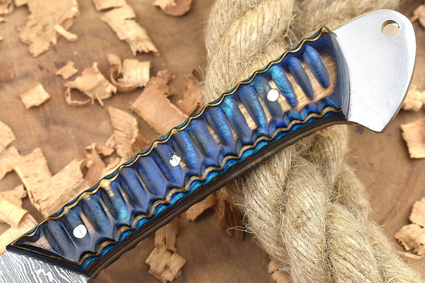 Custom Handmade Forged Damascus Steel Kitchen Chef Knife – Blue & Brown Dollar Sheet Handle