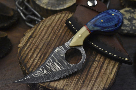 Twist Damascus Skinner Knife Hardwood Handle EDC Fixed Blade Veterans Gift