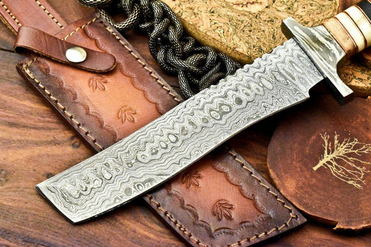 13.25" Handmade Damascus Bowie Knife with Olive Wood Handle & Leather Sheath