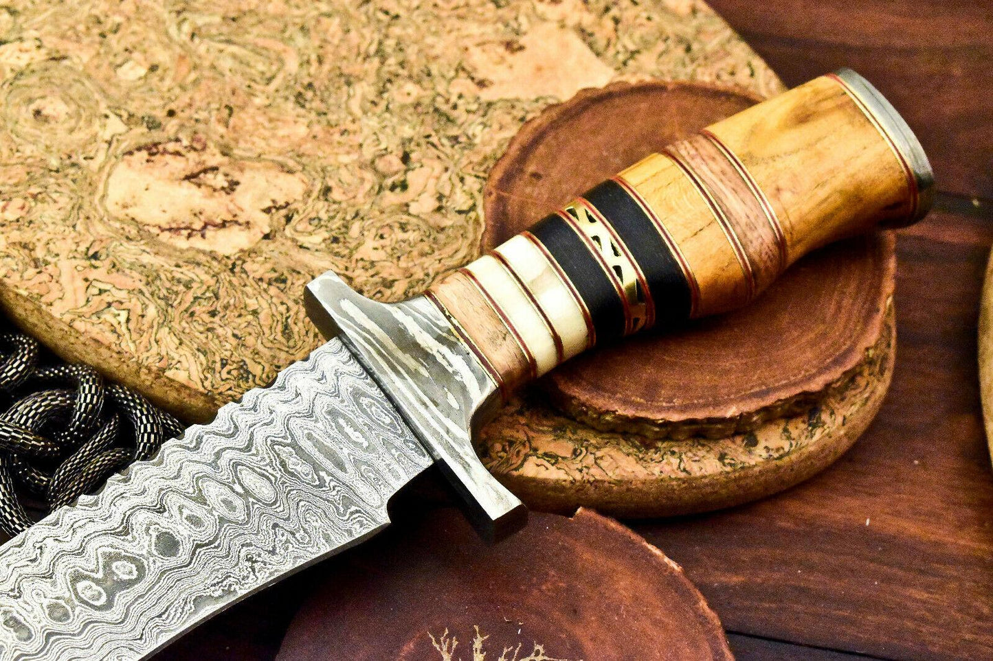 13.25" Handmade Damascus Bowie Knife with Olive Wood Handle & Leather Sheath