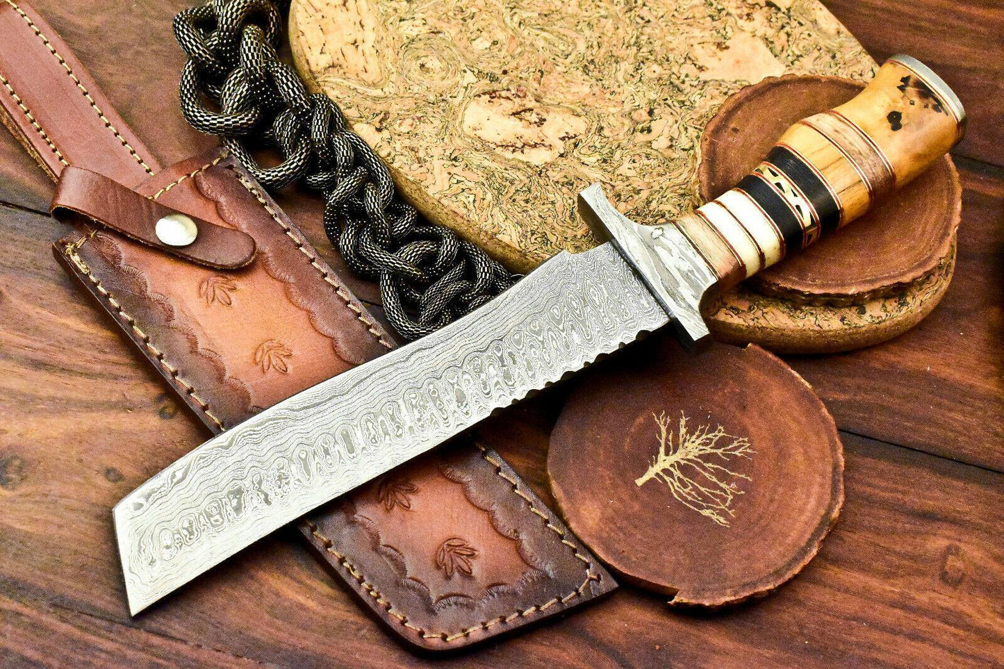13.25" Handmade Damascus Bowie Knife with Olive Wood Handle & Leather Sheath