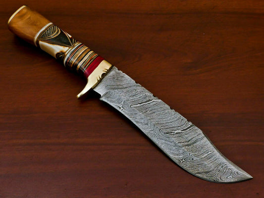 Handcrafted Damascus Bowie Knife – Engraved Camel Bone, Olive & Pakka Wood Handle, 12" with Leather Sheath