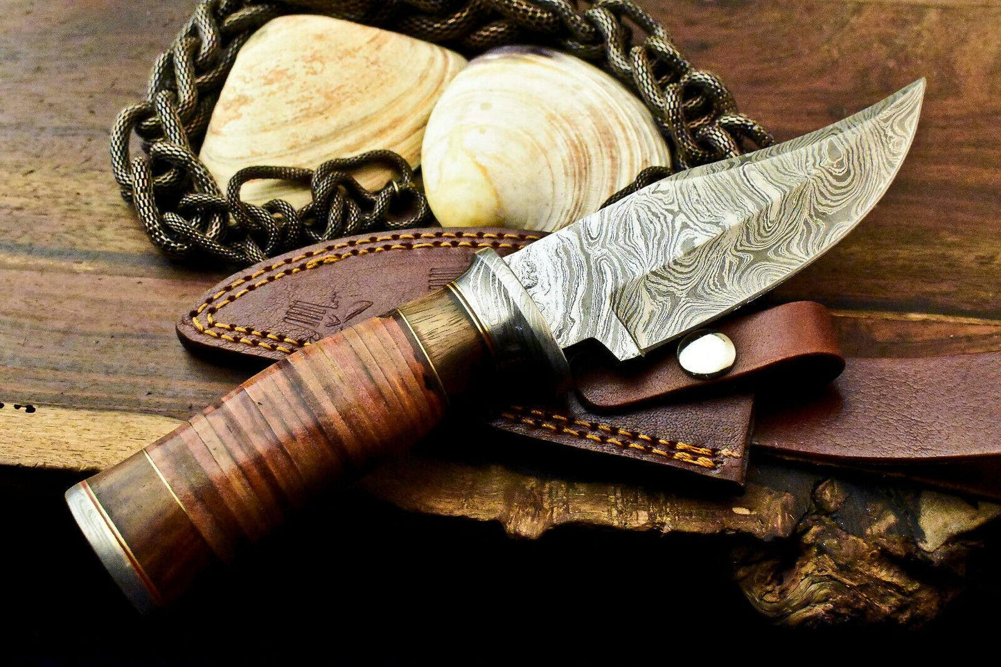10" Damascus Bowie Knife – Stacked Leather Handle & Leather Sheath