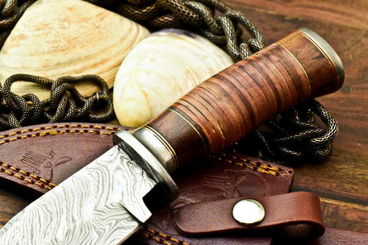 10" Damascus Bowie Knife – Stacked Leather Handle & Leather Sheath