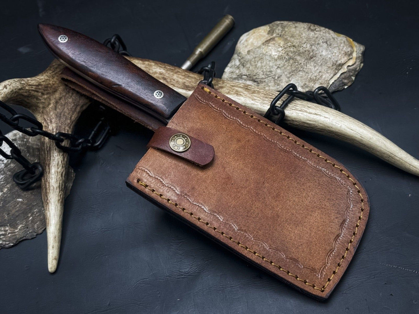 Handmade Damascus Chef Cleaver – Wood Handle & Leather Sheath