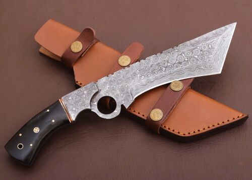 12" Handmade Damascus Steel Kukri Bowie Knife – Twist Pattern Blade with Leather Sheath