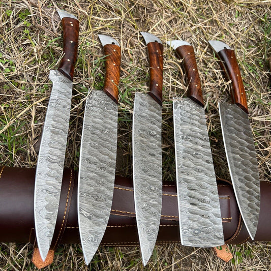 Custom Handmade Forged Damascus Steel Chef Knife Set of 5 with Leather Sheath
