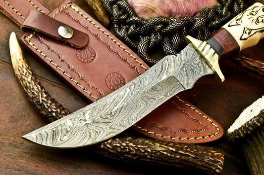 Rare Handmade Damascus Steel Bowie Knife | Camel Bone Handle & Laser Etched Blade