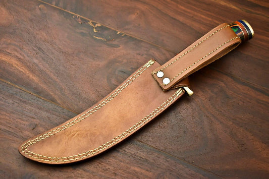 13.5” Handmade Damascus Bowie Knife | Hardwood Handle & Leather Sheath