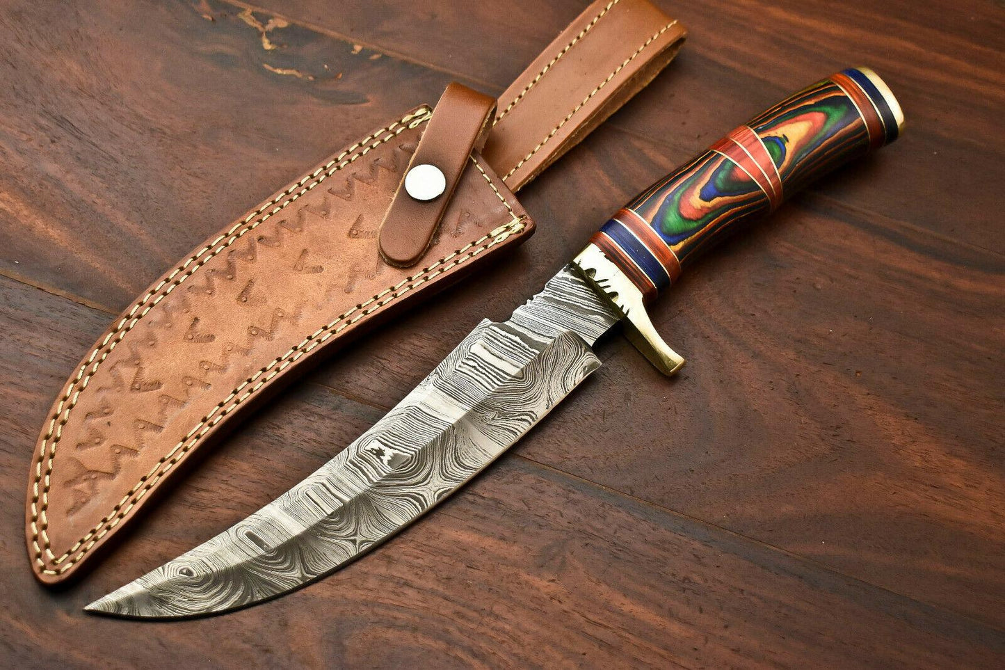 13.5” Handmade Damascus Bowie Knife | Hardwood Handle & Leather Sheath