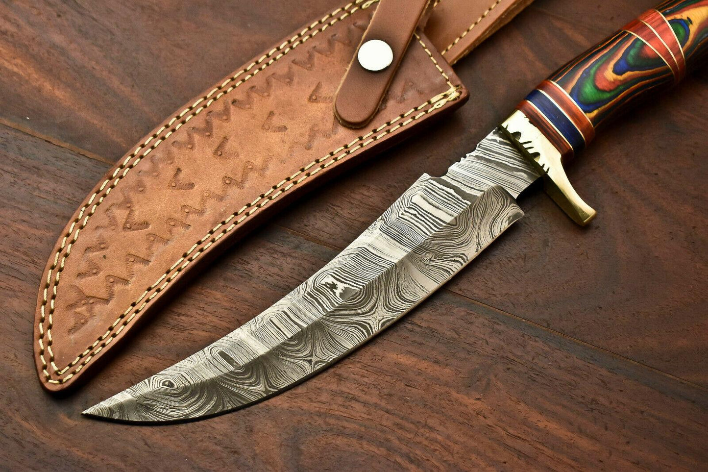 13.5” Handmade Damascus Bowie Knife | Hardwood Handle & Leather Sheath