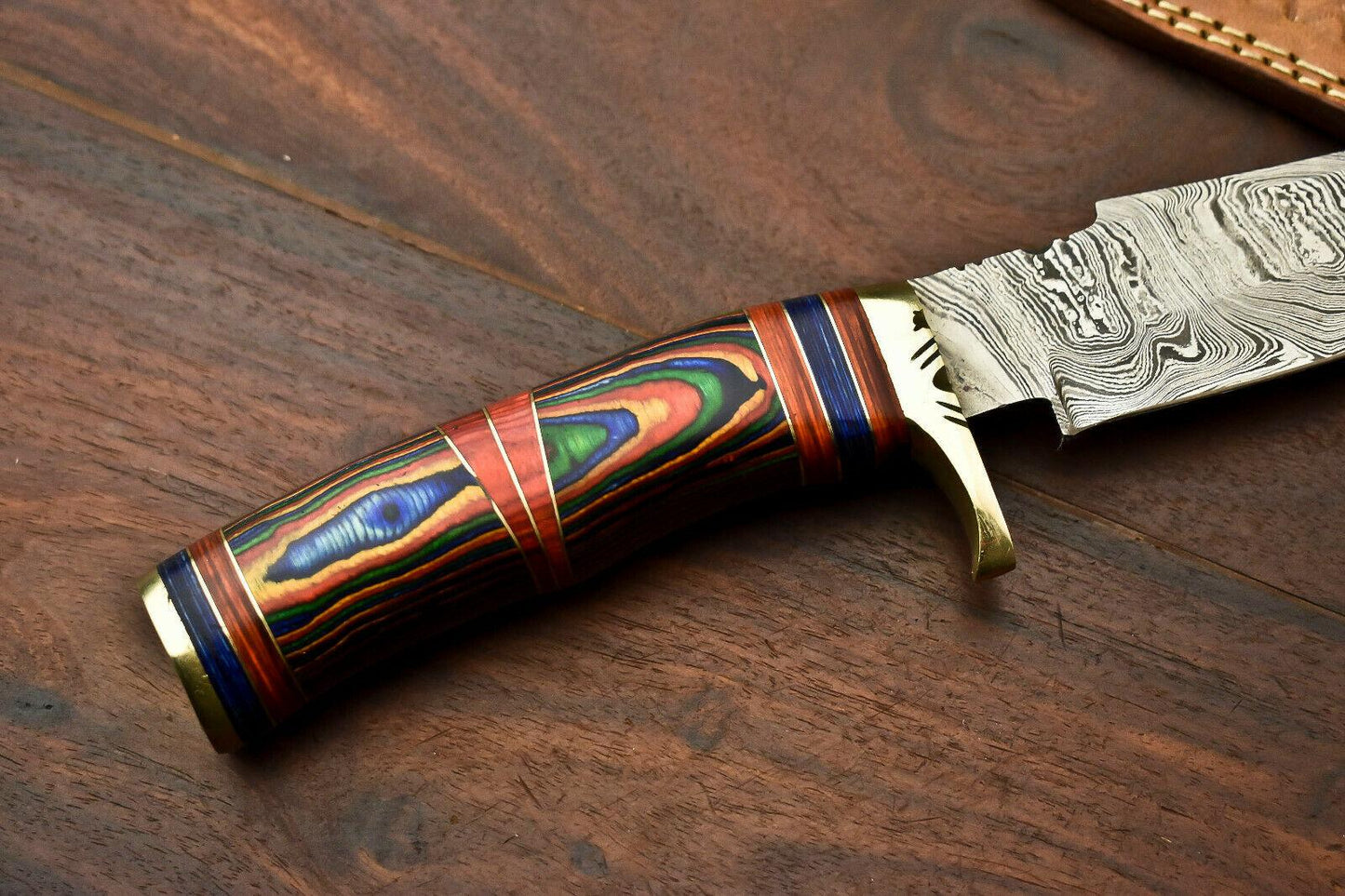 13.5” Handmade Damascus Bowie Knife | Hardwood Handle & Leather Sheath