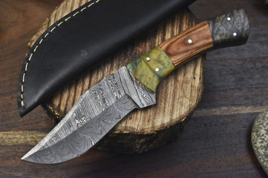 Hand Crafted Twist Damascus Skinner Knife with Olive Wood Handle & Micarta Bolster – 9" Custom Hunting Knife