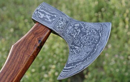Forged Damascus Steel Axe Hatchet Tomahawk with Rose Wood Handle and Leather Sheath