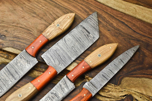 Lot of 4 Custom Handmade Damascus Steel Chef Knives – Professional Kitchen Knife Set