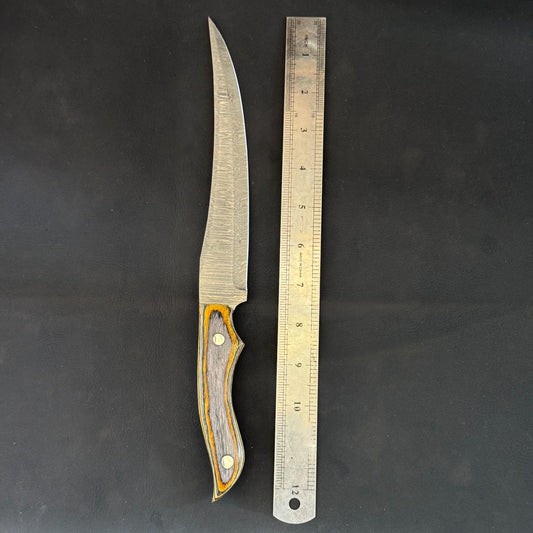 12" Custom Handmade Damascus Fillet Knife with Pakka Wood Handle & Leather Sheath