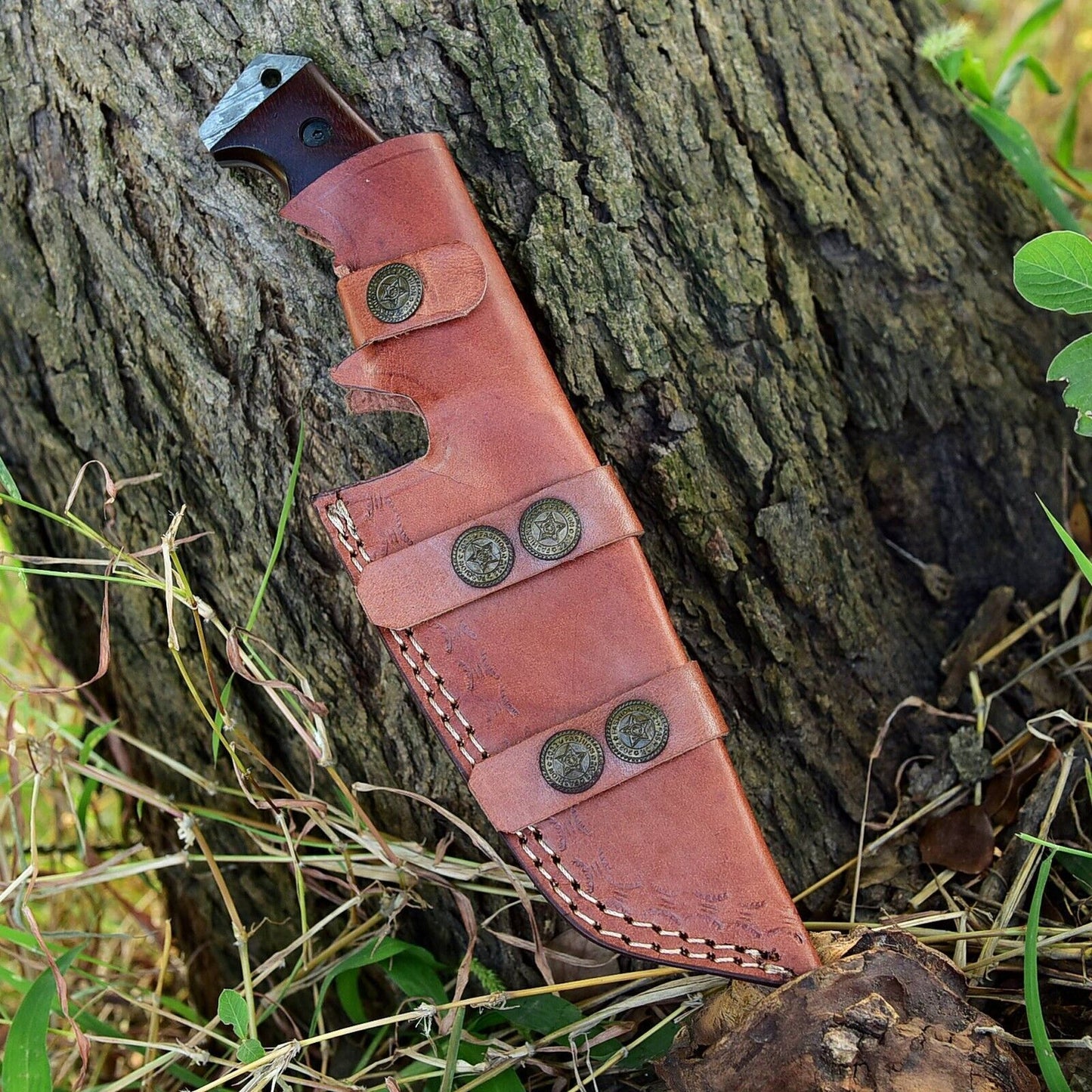 Handmade Forged Damascus Steel Tracker Hunting Knife – Survival Camping EDC with Wood Handle & Leather Sheath