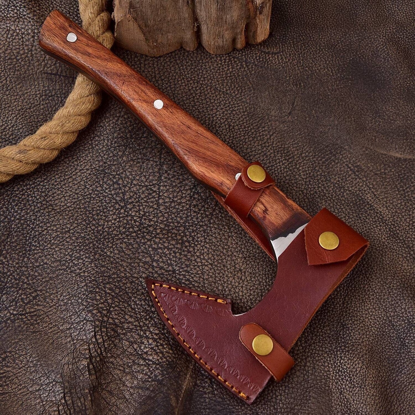 Handmade High Carbon Steel Viking Throwing Axe with Wood Handle and Leather Sheath