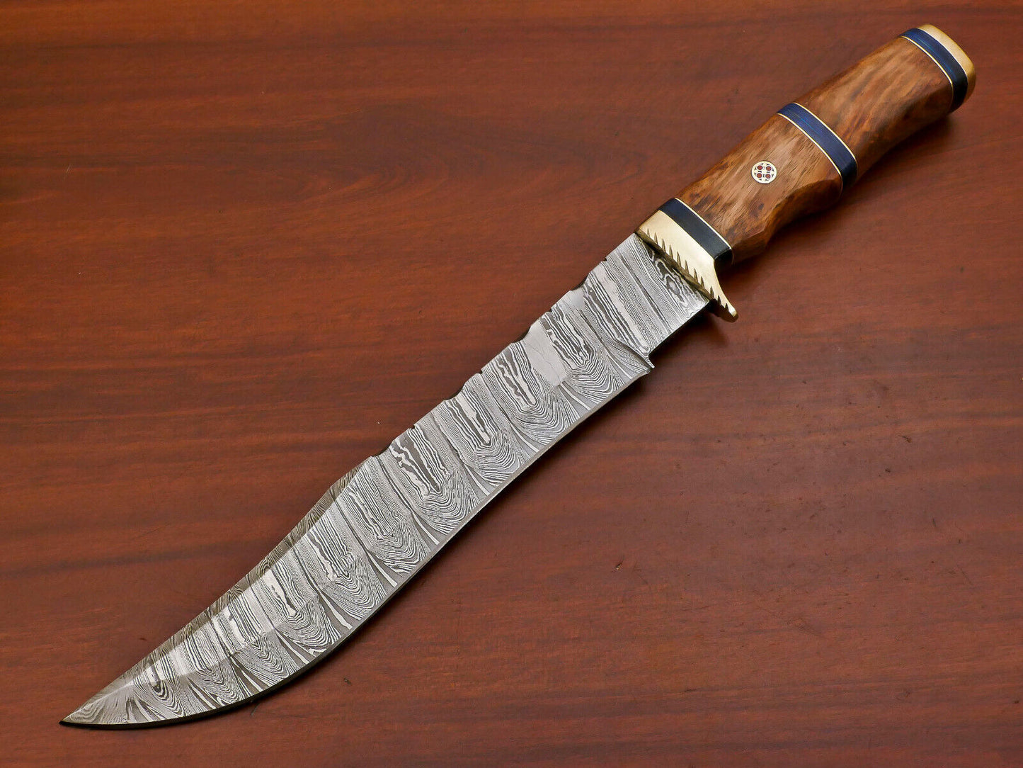 Damascus Steel Bowie Knife – Rose Wood & Pakka Wood Handle, 14" Hunting Knife