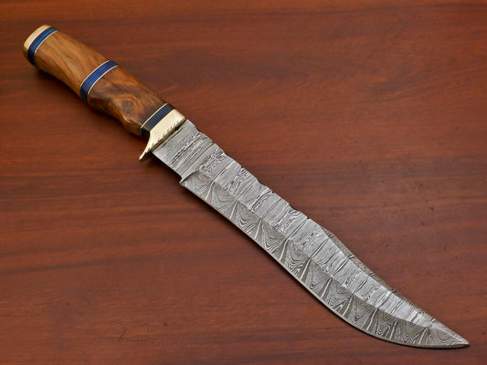 Damascus Steel Bowie Knife – Rose Wood & Pakka Wood Handle, 14" Hunting Knife