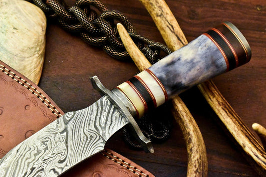 12" Handmade Damascus Bowie Knife – Camel Bone Handle with Leather Sheath
