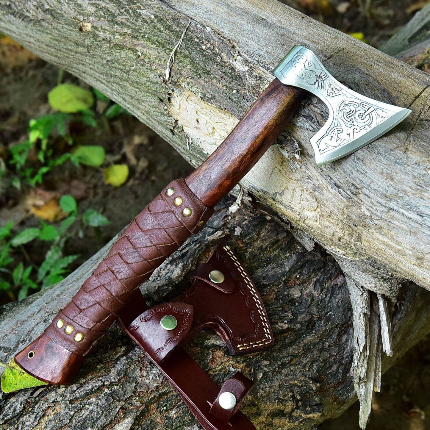 14 Inch Hand Forged 1095 Carbon Steel Viking Tomahawk Hatchet with Rosewood Handle and Leather Sheath