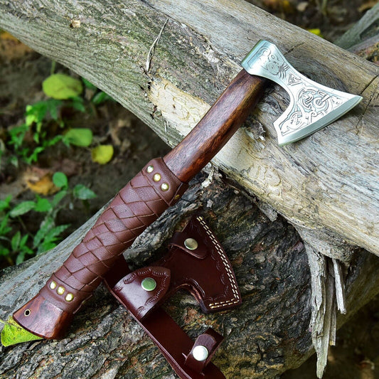 14 Inch Hand Forged 1095 Carbon Steel Viking Tomahawk Hatchet with Rosewood Handle and Leather Sheath