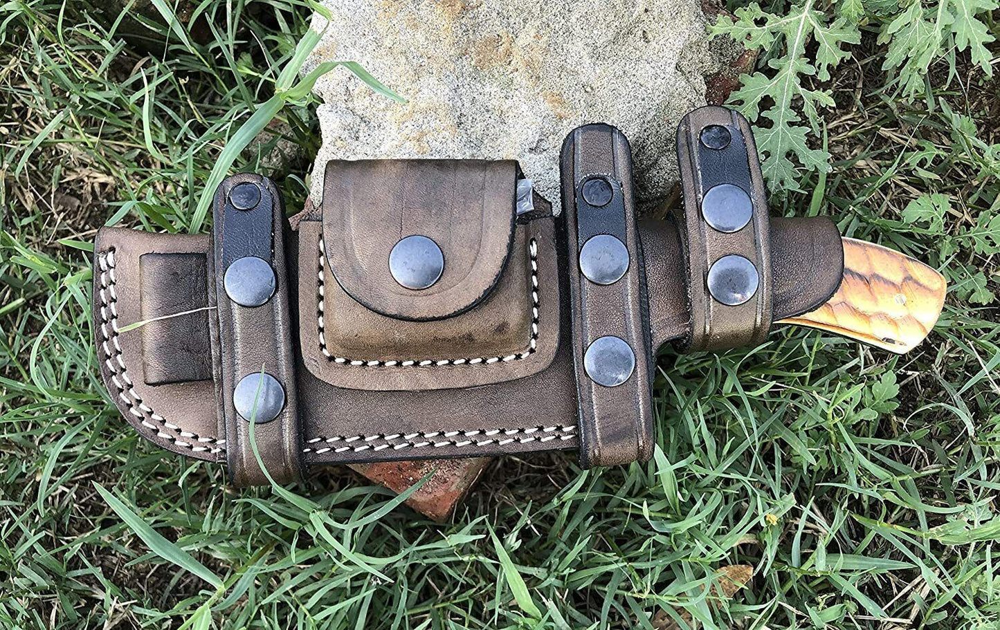 Custom Handmade Damascus Tracker Knife – 10" Full Tang Fixed Blade with Bone Handle & Leather Sheath