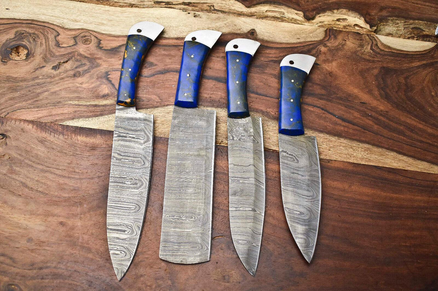 Lot of 4 Handmade Damascus Steel Blade Chef Knives Set