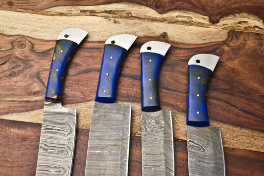 Lot of 4 Handmade Damascus Steel Blade Chef Knives Set