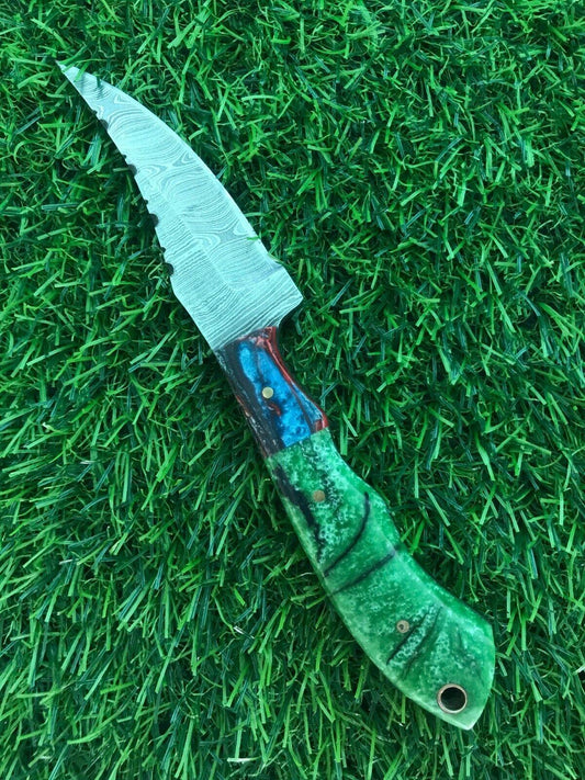 Handmade Damascus Steel Bowie Knife – Custom Fixed Blade Hunting & EDC with Leather Sheath