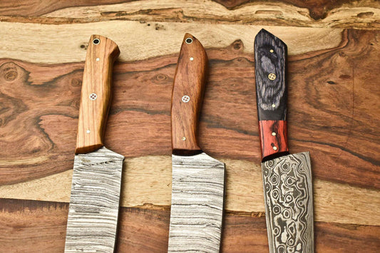Set of 3 Handmade Damascus Steel Chef Knives – Custom Forged Kitchen Blade Collection