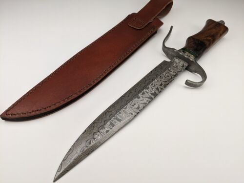 Heritage Forge 16 Inch Damascus Steel Bowie Knife Rosewood Handle with Leather Sheath