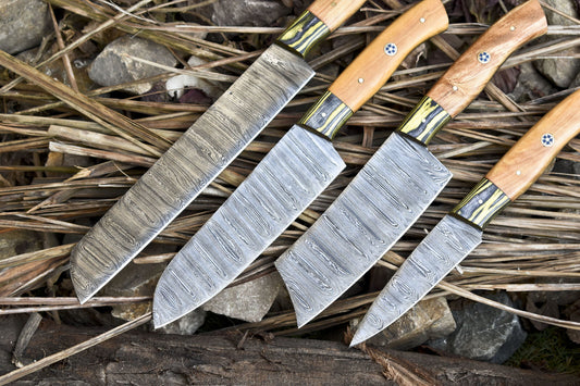 Hot Item Damascus Chef Knife Set of 4 – 13" Ash Wood Handle with Wooden Bolster – Handmade EDC Kitchen Knives