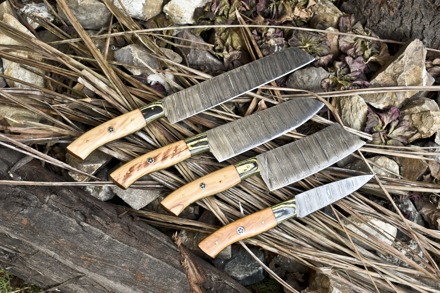 Hot Item Damascus Chef Knife Set of 4 – 13" Ash Wood Handle with Wooden Bolster – Handmade EDC Kitchen Knives