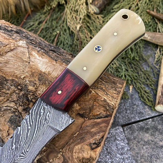 Twist Damascus Hunting Skinner Knife with Camel Bone and Wood Handle
