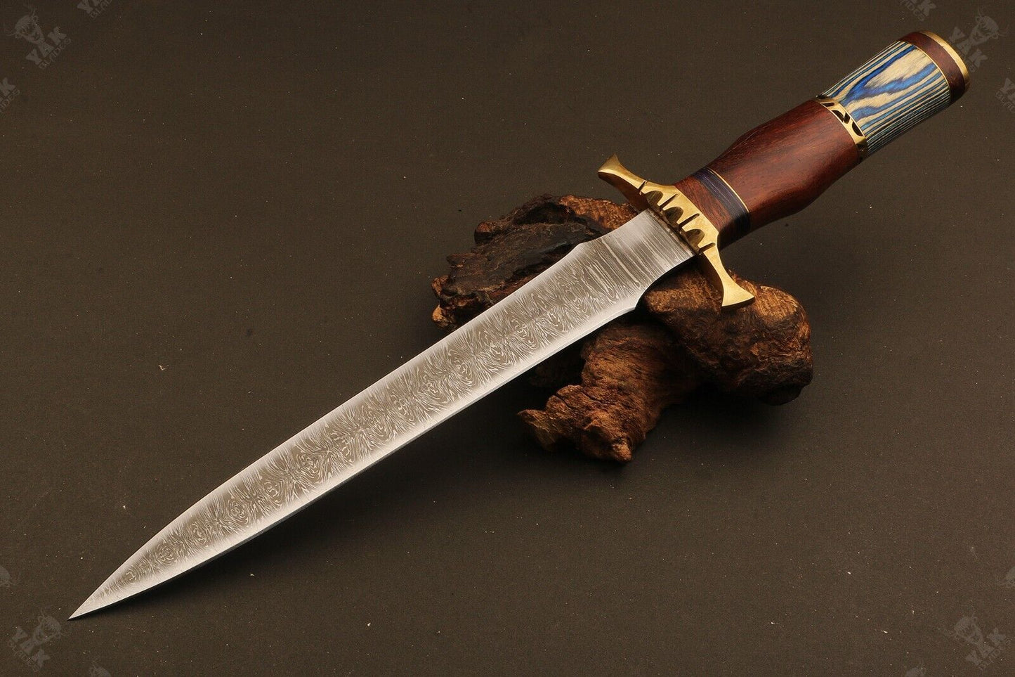 16" Handmade Fire Damascus Steel Dagger Bowie Knife – Wood Handle with Sheath
