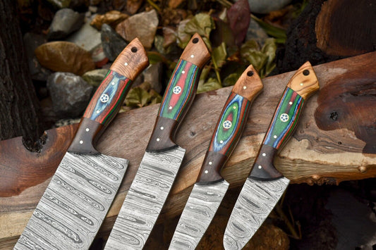 Lot of 4 Handmade Damascus Steel Chef Knives – Full Tang Camp & Kitchen Knife Set