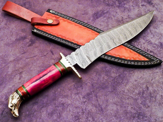 Heritage Forge 16 Inch Handmade Damascus Bowie Knife with Camel Bone and Hardwood Handle