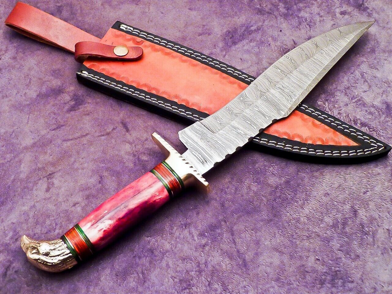 Heritage Forge 16 Inch Handmade Damascus Bowie Knife with Camel Bone and Hardwood Handle