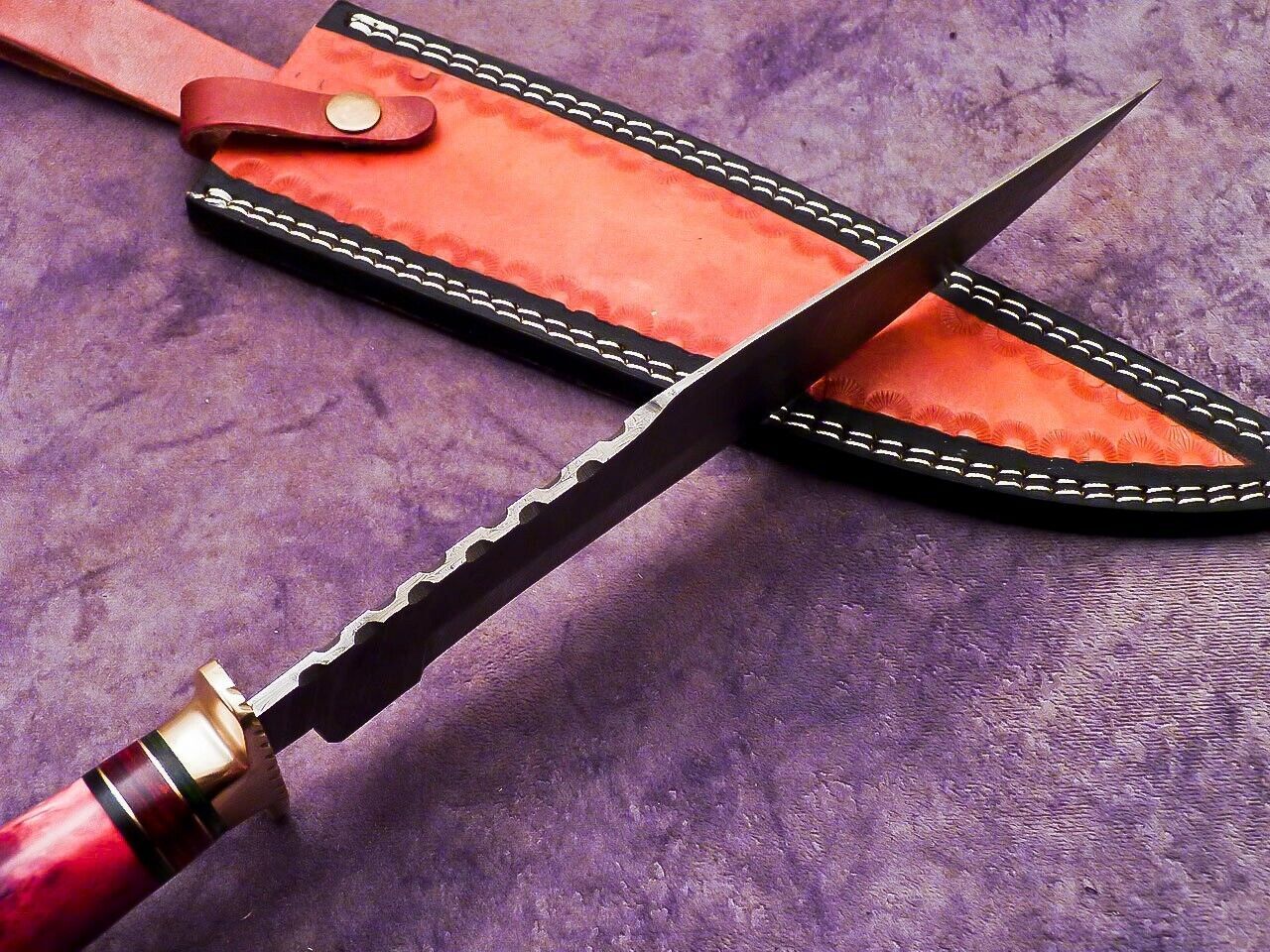 Heritage Forge 16 Inch Handmade Damascus Bowie Knife with Camel Bone and Hardwood Handle