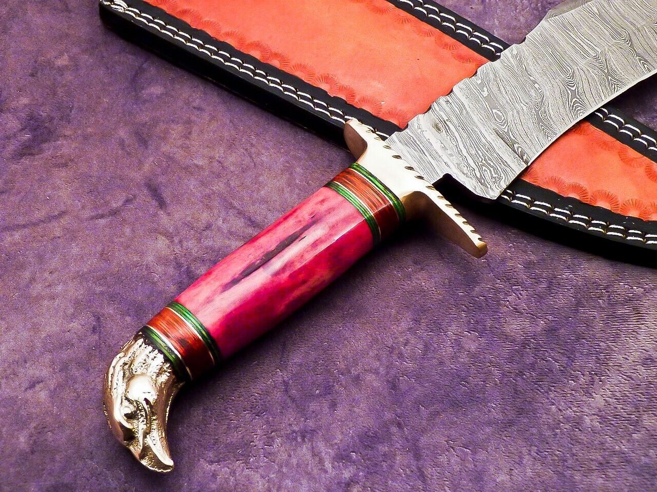 Heritage Forge 16 Inch Handmade Damascus Bowie Knife with Camel Bone and Hardwood Handle
