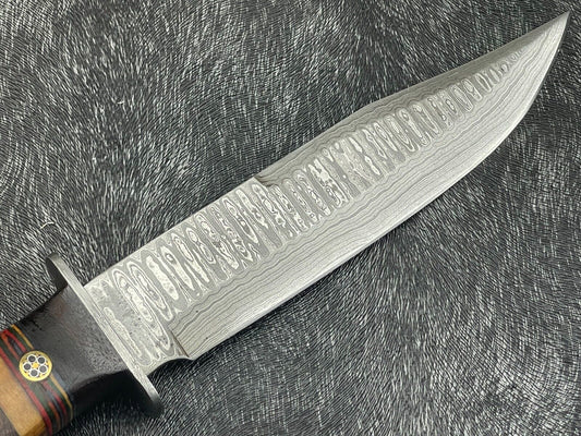 12" Damascus Steel Bowie Knife – Hardwood Handle with Leather Sheath
