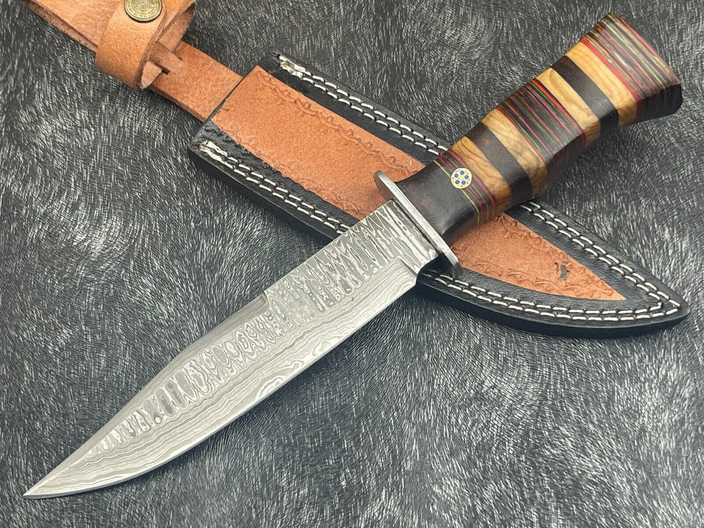 12" Damascus Steel Bowie Knife – Hardwood Handle with Leather Sheath