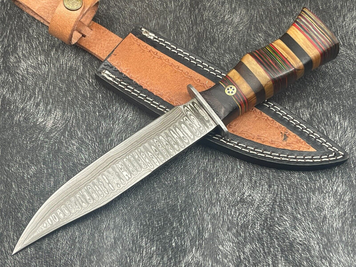 12" Damascus Steel Bowie Knife – Hardwood Handle with Leather Sheath